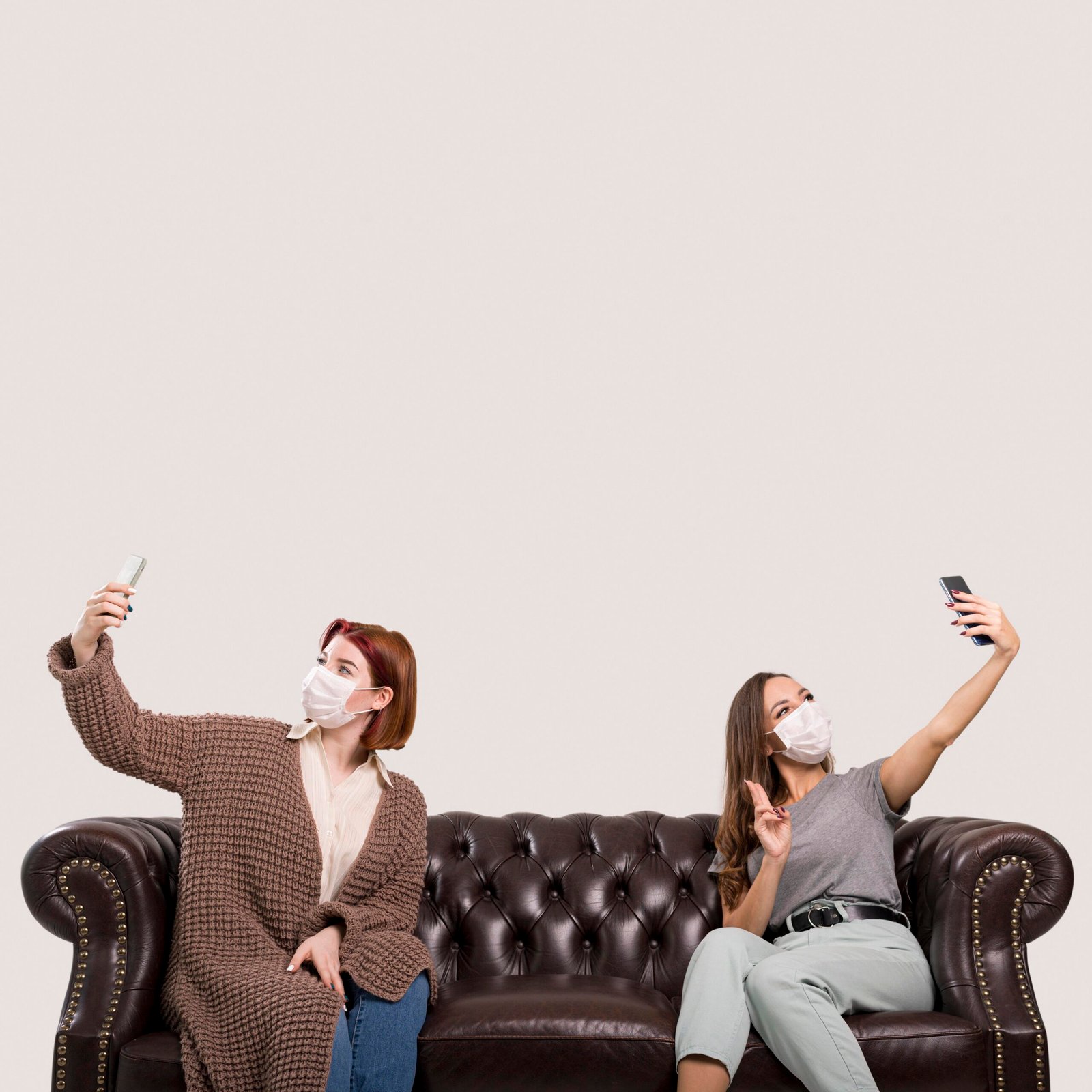 front view women sitting sofa